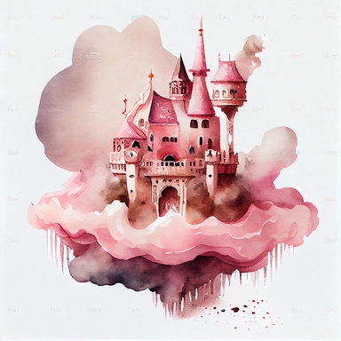 A Pink Fairy Tale Castle on cloud dream illustration, Watercolor clipart, details