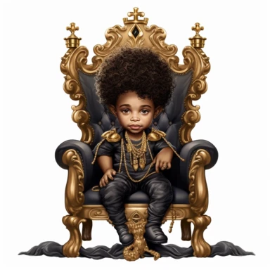 highly detailed clipart of an african american baby prince wearing sweats and sneakers and a gold crown over his curly hair and sitting on a tall royal black and gold throne chair with one leg over his knee