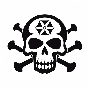 black and white silhouette of a skull and crossbones logo, clipart style, white background, thick lines, vector, simple design, flat colour, solid colour