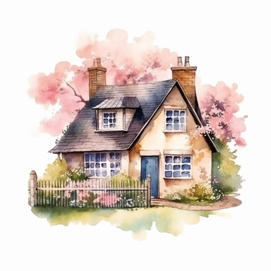Vector clipart, isolated on white background, beautiful lovely Watercolor cute little colorful house, spring time , ornated, pastel colors, small England village
