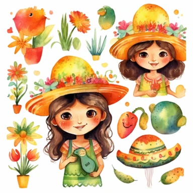 Watercolor cinco de mayo decorations, illustrations clipart set, simple,cinco de mayo colors , cartoon elements, different variants, cinco de mayo mexican hat, fiesta, mexican maracas, cute little girl with traditional mexican dress and hat, cinco de mayo sugar skulls, cinco de mayorose, separate elements with a margin