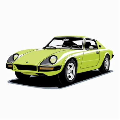 A stylized clipart representation of the 1975 Saab Sonett III in a 3/4 front view. The car's unique design is emphasized with sleek, curved lines and minimal detailing. The lime green color of the vehicle creates a vibrant and eye-catching presence against the pure white background. The angular headlights and distinctive grille are simplified into geometric shapes, while the body of the car is depicted with smooth curves. The wheels are represented as circular forms, and the overall composition 