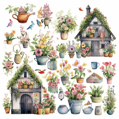 Create clipart sets showing the vibrant colors of the secret garden, including different flowers, flower pots, bouquets and garlands, rabbits, butterflies, roses, birds, sharp lines , clear, super detailed high resolution white background