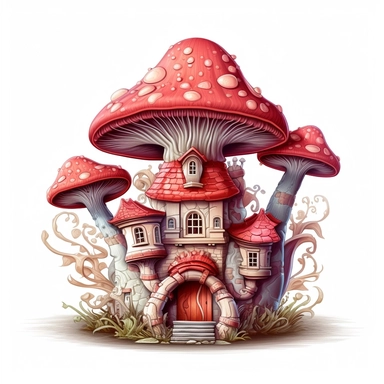 clipart, shades of red and brown fairy mushroom house isolated on a white background, intricate details, vector, pastel colors, realistic, 3D, no shadows