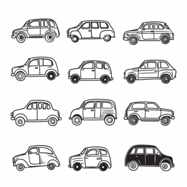 black and white cars clipart set, hand drawn cars, doodles, cute cars, clean and simple line art, no shadows, no background