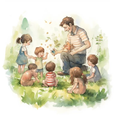old father with brown hair playing with 7 kids in the garden. There is a 7 year old boy, two 4 year old boys, one 3 year old boy, one 4 year old girl with a dress, one 2 year old baby girl with a dress, and one 1 year old baby boy, watercolor style. background outdoor, sunset, clipart