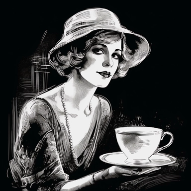 sketch clipart of 20s poster lady enjoying coffee, hd, white on black background, spaced out,--ar 3:2