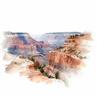 vast panoramic view, full view, illustration clipart, soft watercolor, beautiful grand canyon landscape, sharp focus, high detail, romantic, fantasy, ethereal, transparent background