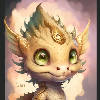 a watercolor painting of a Tiny cute adorable baby dragon looking directly into the camera and slightly smiling, dragon has little braid of hair in the centre, gold color, watercolor painted effect skin, intricate details, glass eyes, skip has watercolor painting effect, soft cinematic lighting, 8k, portrait, Pixar style character, pokemon anime style octane render, upper body only, inspired by Hanns Katz, logo, pastel colors, liquid cooled, 70's, clipart, chill out, retro, full body, white back