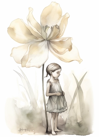 a single spring flower, in the style of magali villeneuve, jon j muth, carl larsson, dreamy world, closest to watercolor illustrations, soft color palette with ligh beige and gray, children's illustrations, solid white background, clipart