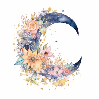 complex watercolor illustration of floral magical moon and stars, isolated ,disney style,concept,art,8k,hd,watercolor,detailed,white backround,clipart