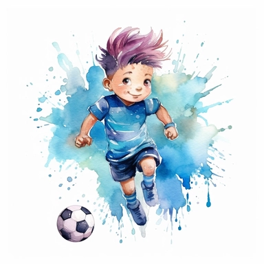 cute Watercolor cartoon soccer player, clipart, white background