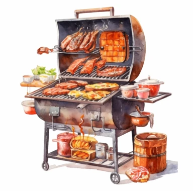 watercolour big barbecue with meat, clipart on white background, no watermark, highly detailed, professional color gradation, clean sharpness