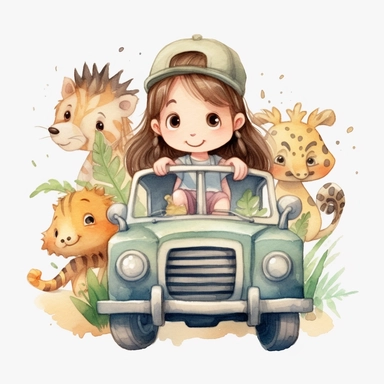 Watercolor clipart, A super cute happy girl and safari animals, in a jungle jeep, illustration watercolor style, minimalistic, clipart, children's book illustration, hd, 16k, 4k, isolated white background, single design, single object, watercolor illustration by mark ryden, print on demand image, PNG transparent background, solid white background for Clipart