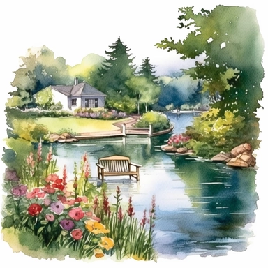 Watercolor, a lakeside courtyard in bloom, clipart on white background.