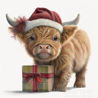 watercolor clipart by kathrin longhurst, a baby highland cow wearing a christmas hat and christmas presents in her arms, white background