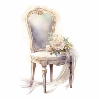 wedding chair, clipart, white background, in the style of elegant realism, muted and subtle tones, detailed painting, transparency and lightness