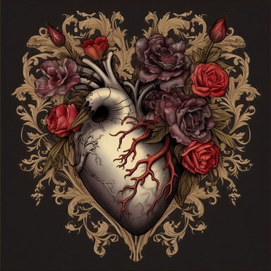 A digital illustration of a gothic Valentine's Day card featuring an anatomical heart with intricate floral patterns. The heart is depicted in shades of black and gray, with hints of deep red and purple flowers woven throughout. The gothic clipart style is reminiscent of old-world engravings, giving the card a vintage feel. The final product should be in PNG format with high resolution.