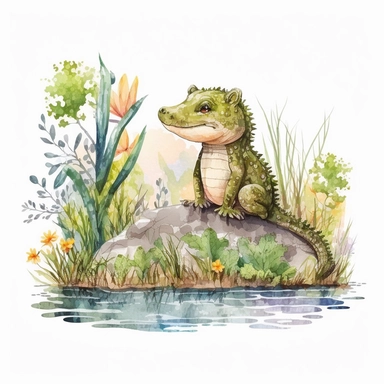Watercolor cute cartoon baby alligator clip art, standing on a riverbank, isolated on white background