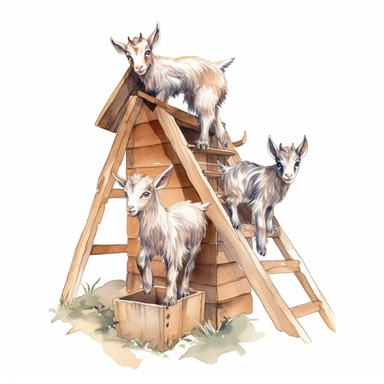 baby dwarf Nigerian goats playing on the A-frame, very detailed and realistic, watercolor, white background with margins, clipart style