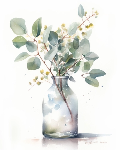 watercolor Eucalyptus in bud vase white background watercolor detailed ilustration, white background, clipart