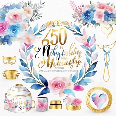 watercolor marriage anniversary clipart collection, white background, white, pink, blue and gold illustrations