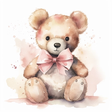 Create an enchanting watercolor clipart of a charming giant teddy bear, adorned with a beautifully tied bow around its neck. The teddy bear should exude warmth and cuddliness, with soft watercolor textures and gentle brushstrokes capturing its fluffy fur and adorable features. Add an extra touch of sweetness by including a gift tag attached to the bow, where customers can customize their own message or name. Ensure the illustration is set on a white background to highlight the teddy bear's delig