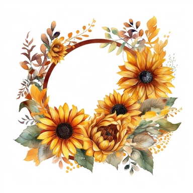 Watercolor Sunflowers Clipart round frame with inside white background, fall sunflower floral bouquets, white background