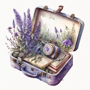 clipart watercolor detailed realistic, white background. old suitcase is open, lilac color. inside there is a lot of lavender flowers
