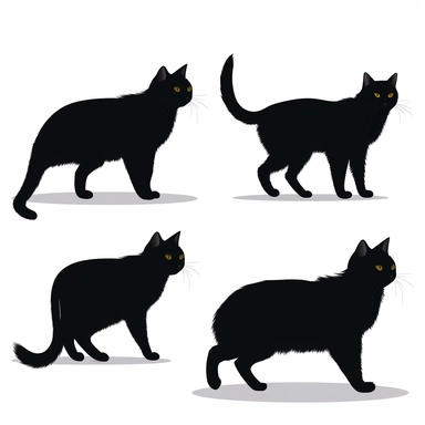 collection black cat in profile, walking, clipart, white background
