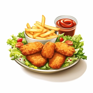 chicken nuggets with french fries salad, drink, clipart, comic, isolated image