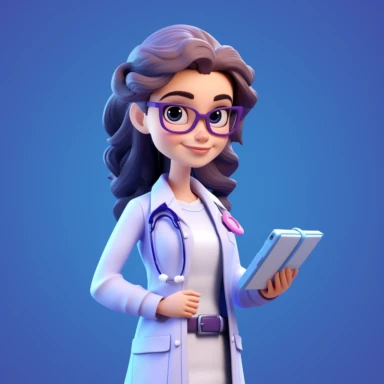 3d render. Cartoon character caucasian woman doctor wears glasses and uniform. Medical clip art isolated on blue violet background. Health care consultation, medical science