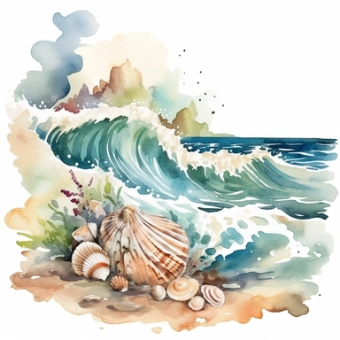 Create a captivating watercolor clipart illustration capturing the moodiness of the sea and beach, Picture a rugged coastline with crashing waves and dramatic clouds, Scatter beautifully rendered seashells along the shore, showcasing their intricate textures and muted colors, Use a dark and rich color palette to evoke a sense of mystery and depth, The artwork should be high-definition, with a spacious composition and a 3:2 aspect ratio, Present the final illustration on a white background, ensur