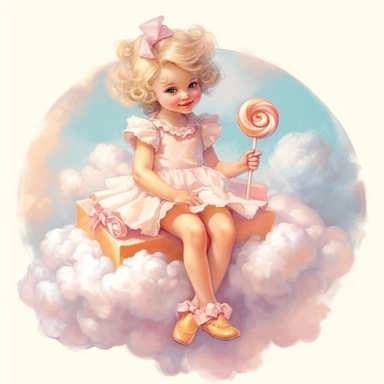 adorable little vintage whimsical girl sitting on a cloud made of sugar sweets candy and ribbons, face looking straight, full body, clipart style, pastel pink and orange, accurate details, oil painting technique, super high quality, professional watercolor clipart, high resolution