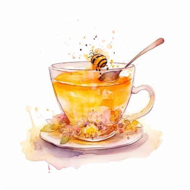 whimsical watercolour clip art honey tea in a glass cup and saucer
