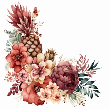 watercolor dusty burgundy floral in the far bottom left corner and far top right coner only, and pineapples in the far bottom left left corner and far up right corner only, clipart, coral, white background, no text