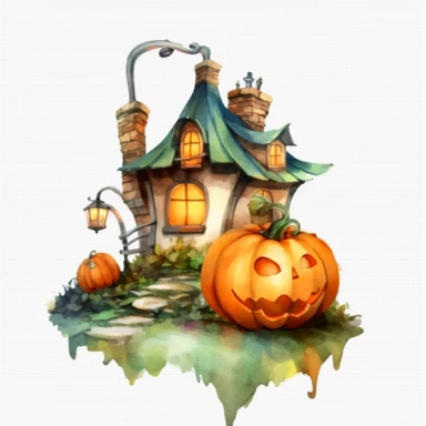 one halloween pumpkin house background clipart on a white background, in the style of Watercolor, poured resin, realistic watercolors, light brown and white, tupinipunk, transparent layers, no watermark, text, 300 DPI , typography, shapes do not stick together, no text in the picture, on a white background