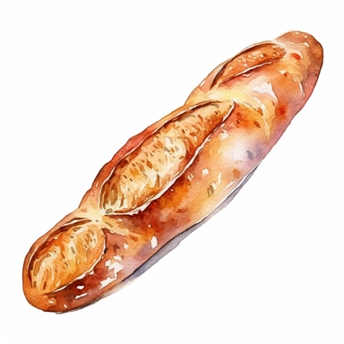 a beautiful baguette, watercolor, white background, clipart style