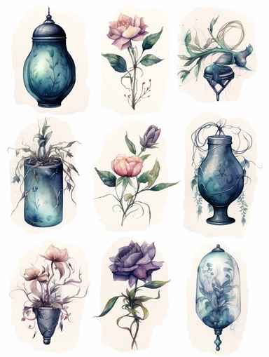 Create a series of hauntingly beautiful watercolor clipart illustrations inspired by dark fairytales. Craft ethereal scenes featuring delicate flowers entwined with thorns, mysterious characters cloaked in shadows, and magical elements like potions or spellbooks. Utilize the fluidity of watercolor to add depth and dimension to each artwork, making them perfect for embellishing invitations, packaging designs, or digital collages.