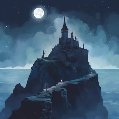 An eerie and fierce castle, perched atop a craggy cliff overlooking the black sea, with stars in the background. The castle is shrouded in mist, with jagged towers and turrets looming menacingly against the sky. At the foot of the castle, a witch in a long black cloak stands at a bubbling cauldron, casting a spell with a wand made of twisted black wood. Clipart with white background.