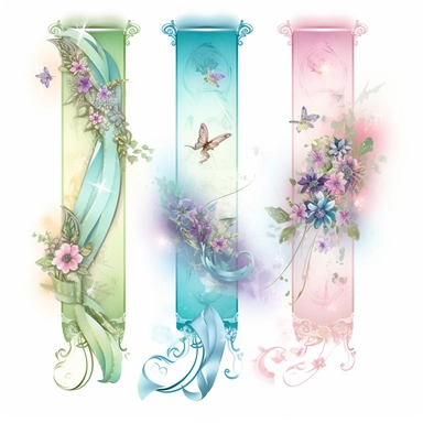 Light Fantasy Banner Clipart, Ribbon, Flowers, pink, blue, green, magical, single file