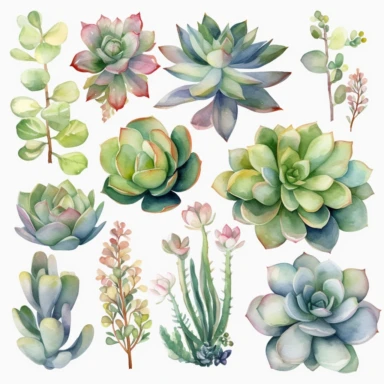 simple Watercolor Succulents Clipart Home watercolour plant Succulents digital clipart desert plant greenery png planner clipart Summer home decor, completely surrounded by white backround, zero overlap, no touching objects, all objects in the same foreground, no words