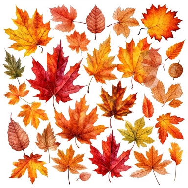 a highly detailed clipart of autumn leaves, white background