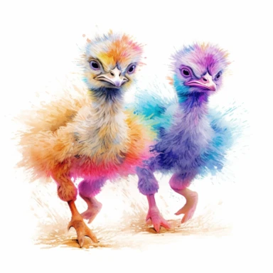 pair of cute ostrich chicks, running in sync, vibrant pastels, clipart, on a white background