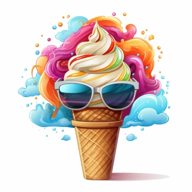 swirl ice cream cone, clipart, rainbow sprinkles, wearing sunglasses, sun, beach, waves, svg color graphic, white background