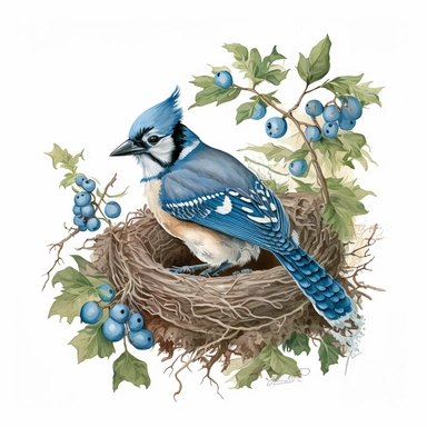 watercolor blue jay in nest with eggs clipart white background, no caption
