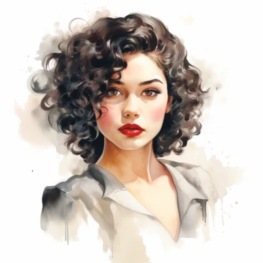 Illustrate a watercolor clipart portrait of a stylish young model with curly hair, showcasing a vintage-inspired look with classic makeup, retro clothing, clipart, white background