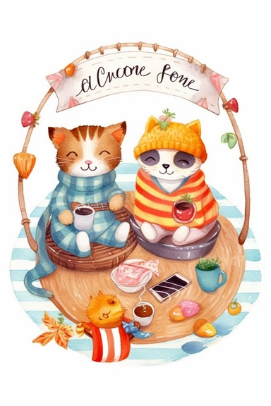 watercolor Clipart, friends Cat and Dog in knitted clothes, Cartoon–cute or childlike, Whimsical illustrations, charming, childlike, carefree, dreamy, fun and colorful, cute, watercolor, hand-drawn, digital painting, soft lighting, bird's-eye view, seed1