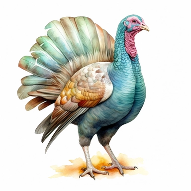 Thanksgiving turkey clipart, centered, white background, image only style by Lucy Fleming, watercolor, smooth gradients, black contour outline, ultra detailed, clipart elements, delicate pastel colors, solid white background, super clear, high quality