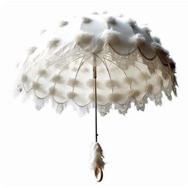 pretty white victorian parasol with white pom poms on the edges for clipart on a white background
